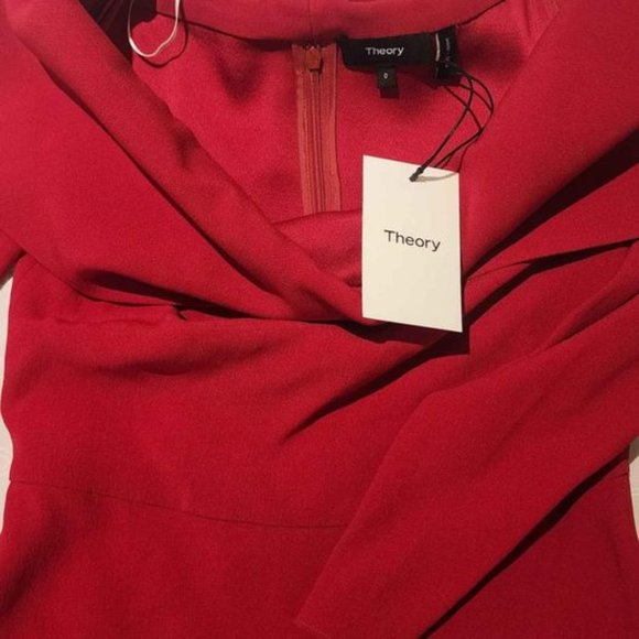 Theory Kensington Red Off Shoulder Quarter Length Midi A-Line Dress - Picture 1 of 4